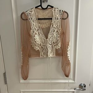 For Love and Lemons V-Neck Lace Crop Top S